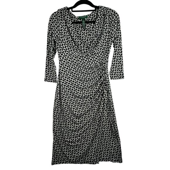 Lauren Ralph Lauren Chain Print Faux Wrap Dress Size 2 Ruched Stretch Equestrian - Picture 1 of 11